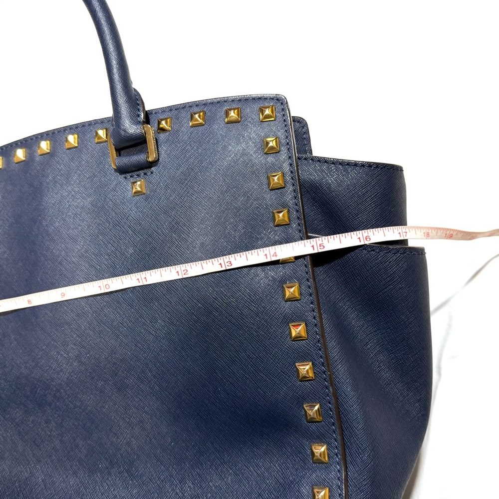 Michael Kors Selma Leather Navy Blue Gold Studded Satchel Handbag Tote XL $428 - Picture 7 of 13